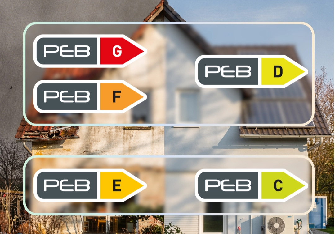 façade d'une maison unifamiliale wallonne en cours d'isolation, échafaudage et panneaux isolants apparents, illustrant un chantier de rénovation énergétique.