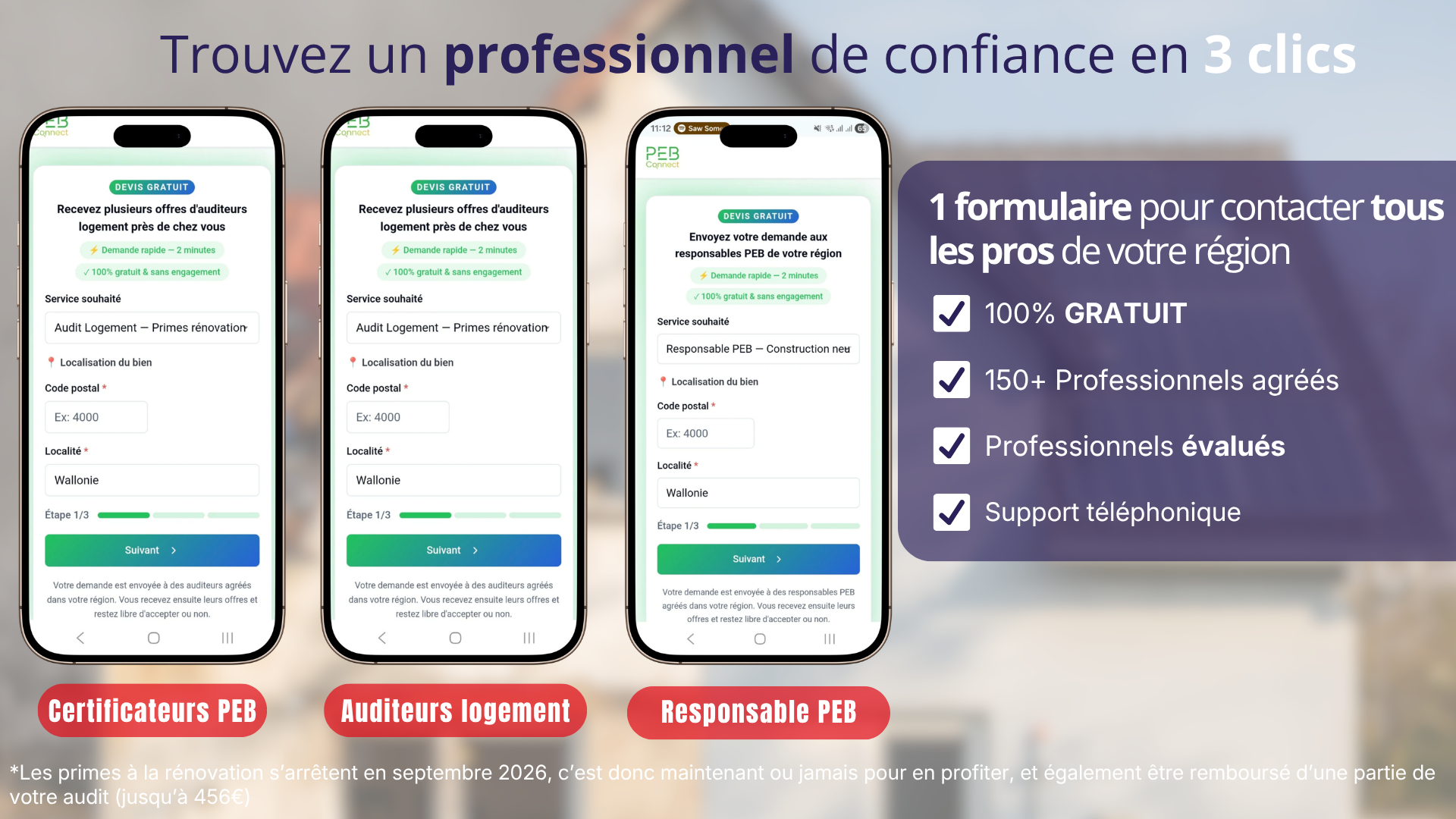 Les 3 services de PEB Connect : Certificat PEB, Audit Logement, Responsable PEB